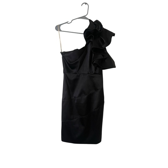 Karen Millen Black Satin One Shoulder Ruffle Mini Dress Formal Size‎ 8 Cocktail - Picture 4 of 8